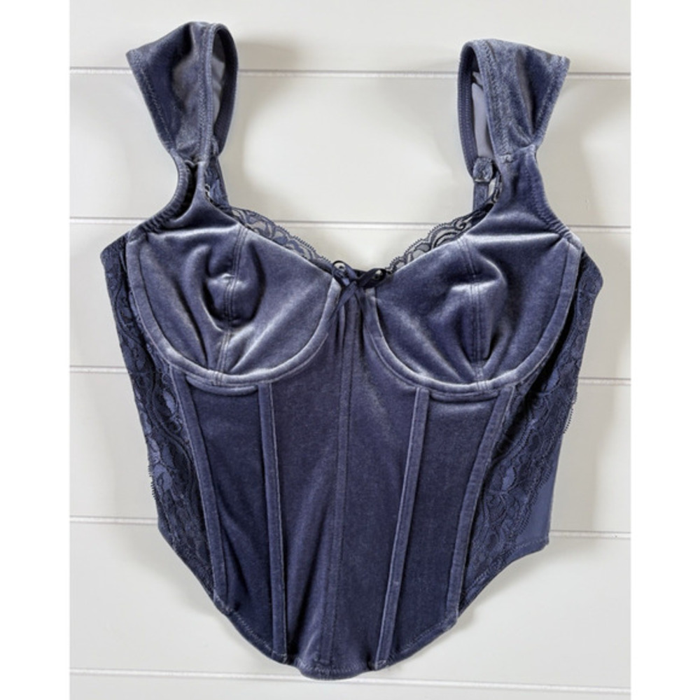 Forever 21‎ Velvet Bow Bustier Crop Top Lace Trim Purple Blue Corset Coquette S